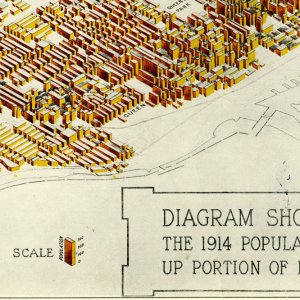 Diagram showing in isometric projection the 1914 population density per acre for the built up portion of each block within the city limits.