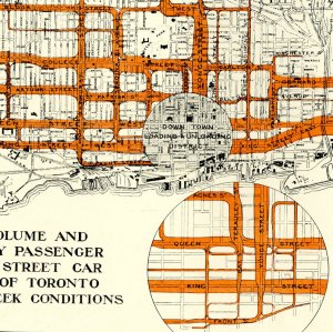 Diagram Showing Volume and Distribution of Daily Passenger Traffic on Various Street Car Routes in the City of Toronto under normal midweek conditions during August 1915.